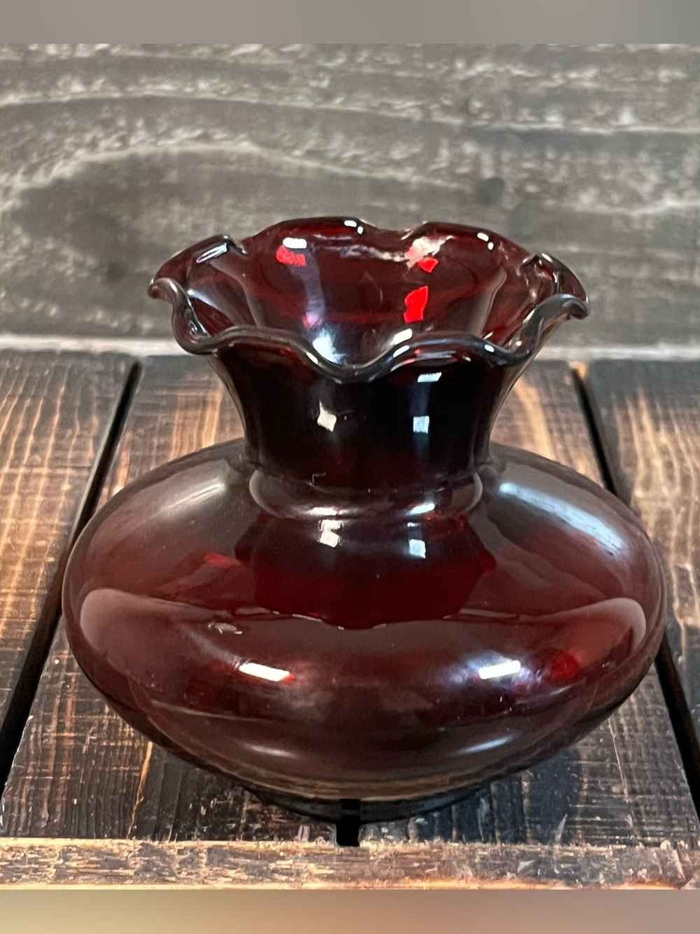 Vintage Anchor Hocking Royal Ruby Red Crimped Ruffled Edge 3” Glass Bud Vase